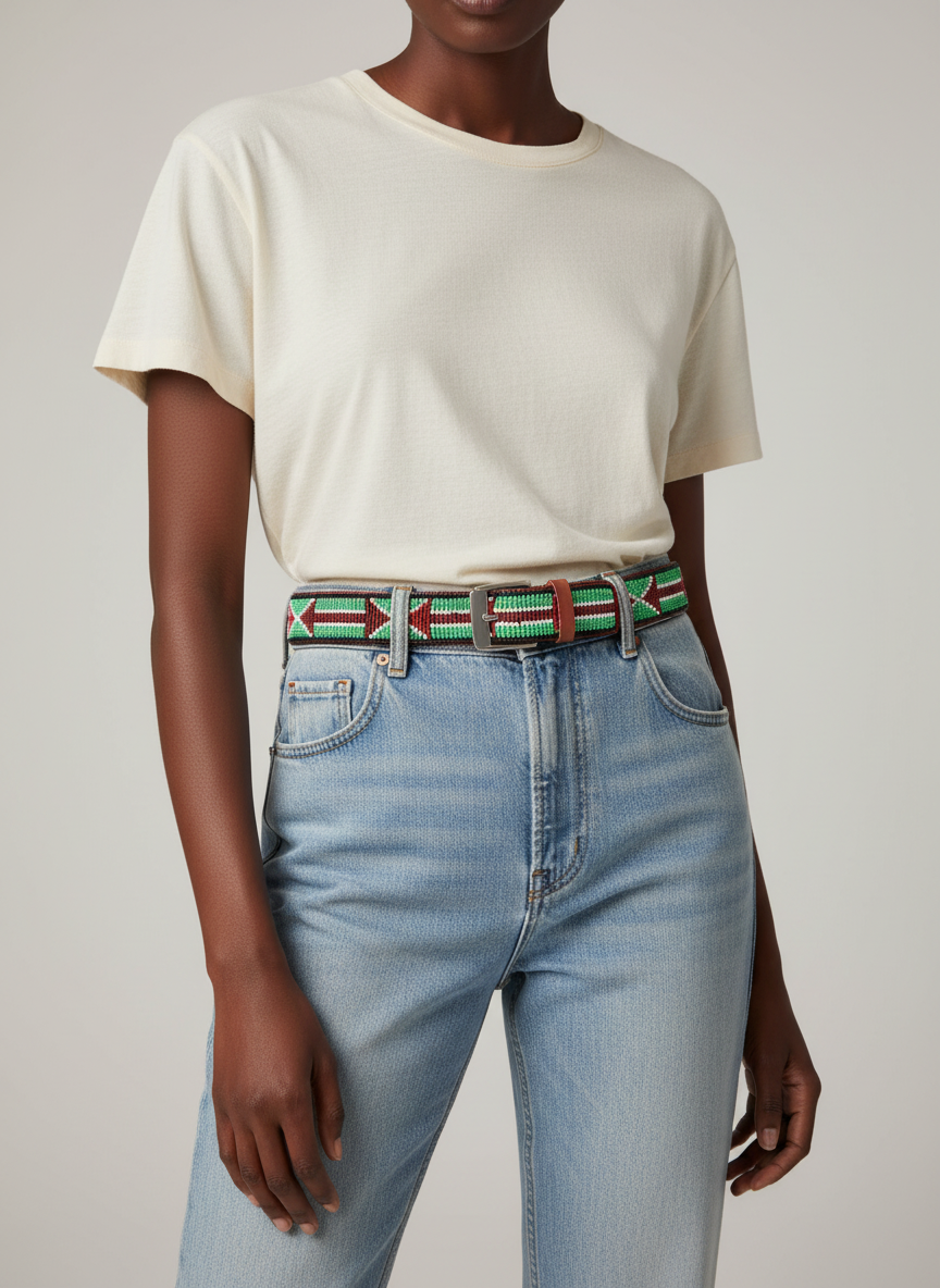 Model wearing Maasai beaded leather belt