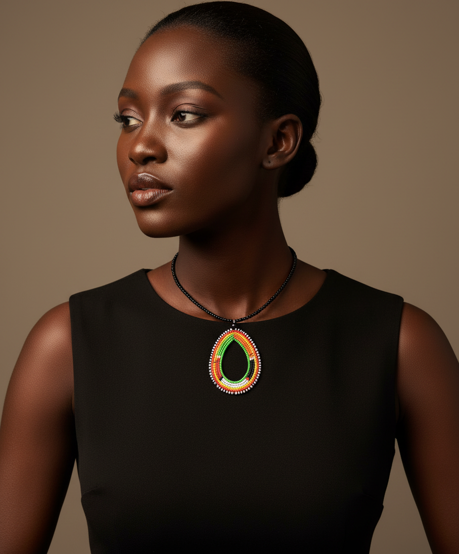Model wearing Maasai beaded tear drop pendant necklace