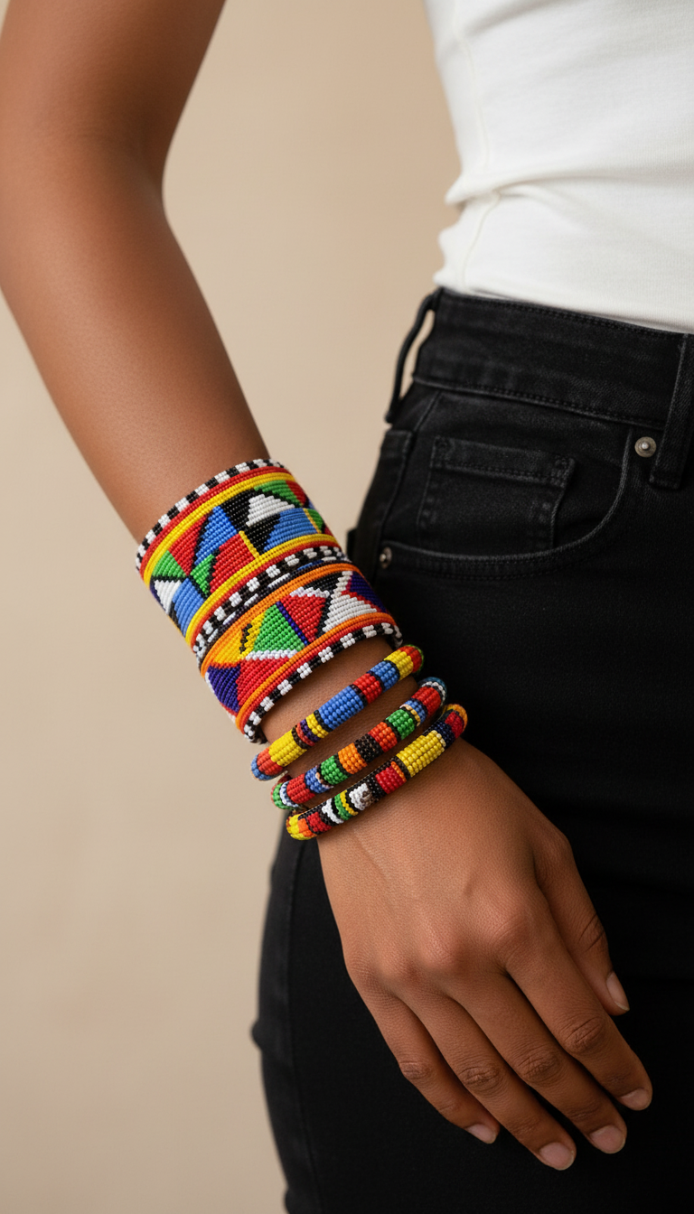 Model wearing Maasai cuff bracelets