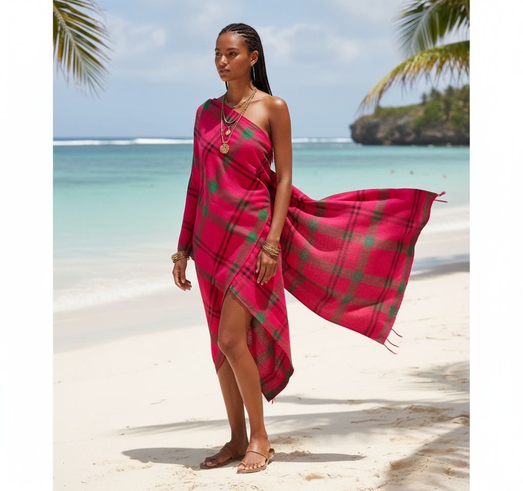 Model wearing Maasai Shuka Blanket
