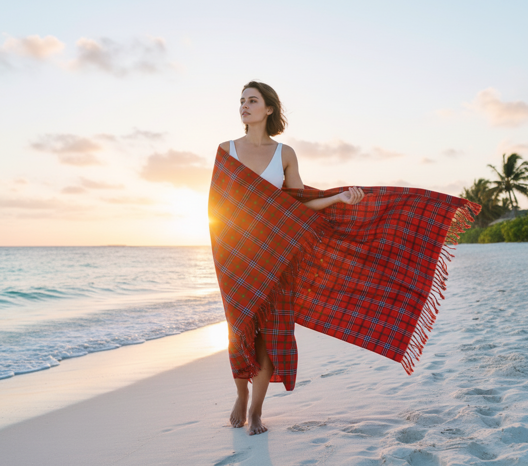 Model wearing Maasai Shuka Blanket