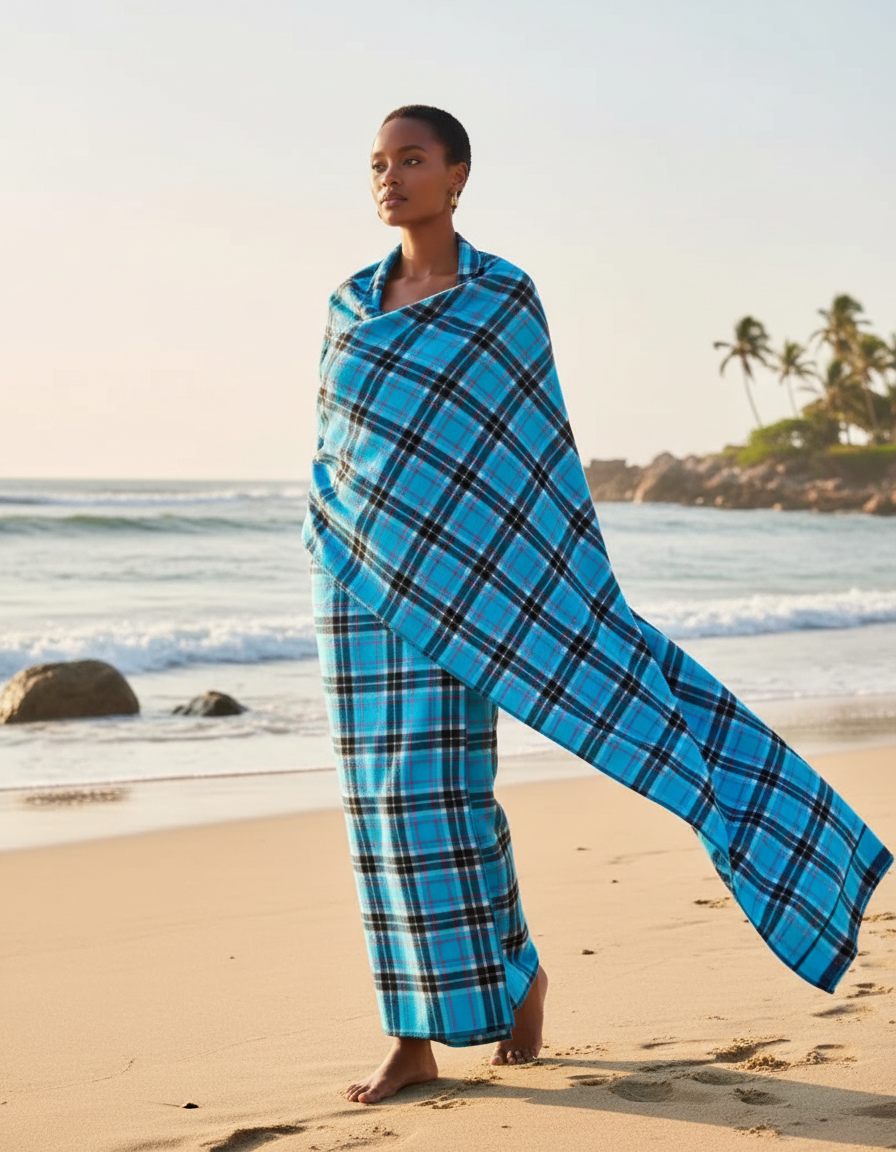 Model wearing Maasai Shuka Blanket
