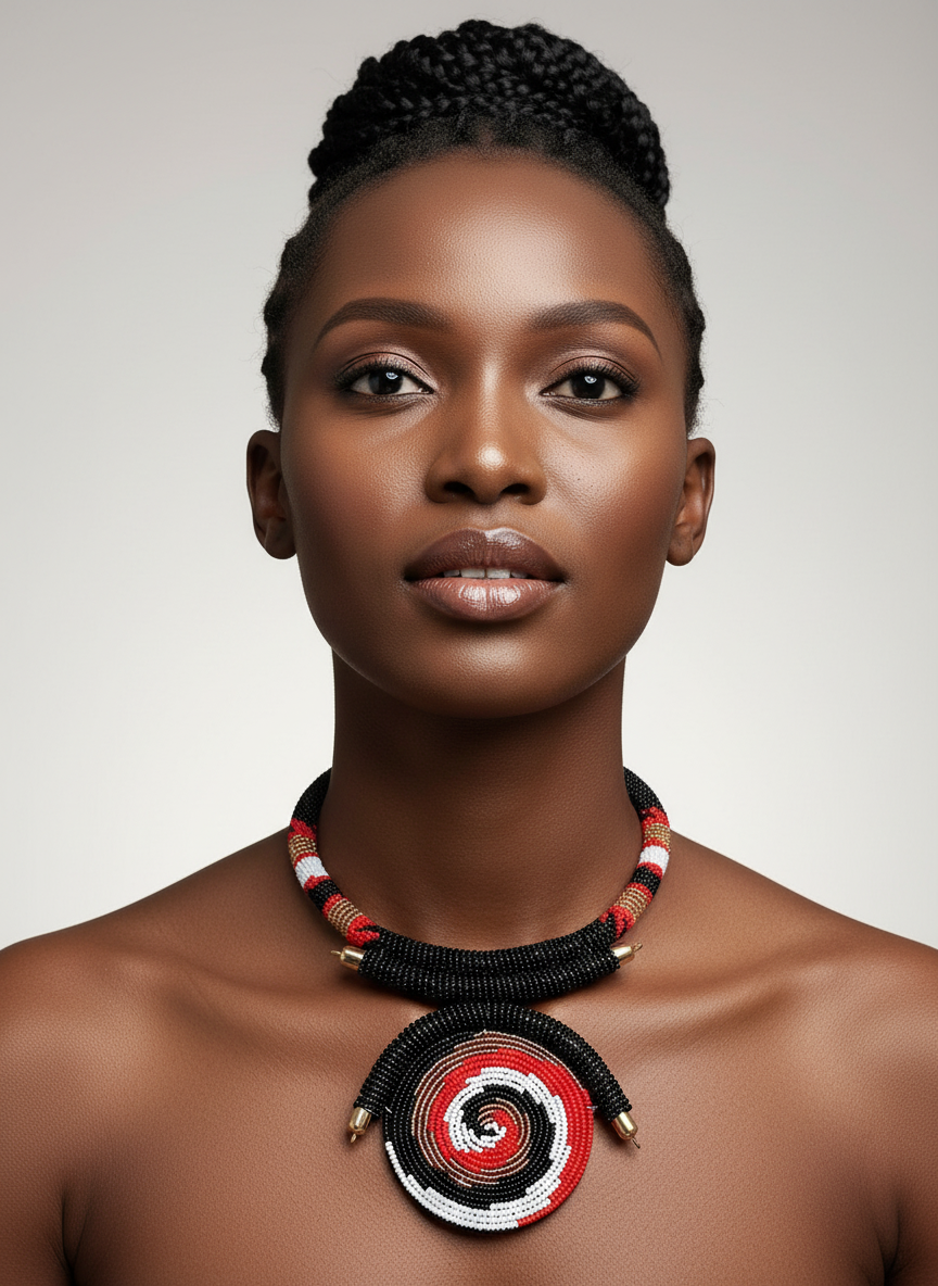 Model wearing Malaika beaded pendant choker