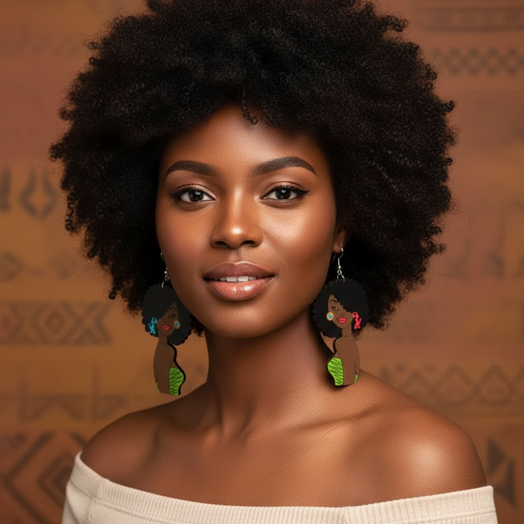 Model wearing Mscana wooden multicolored drop dangle earrings