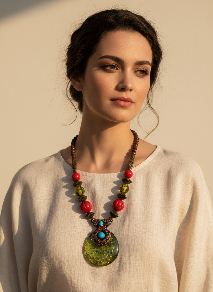 Model wearing necklace - Blue and multicolor