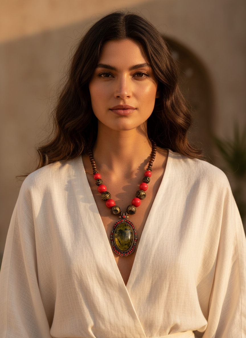 Model wearing necklace - Green and multicolor