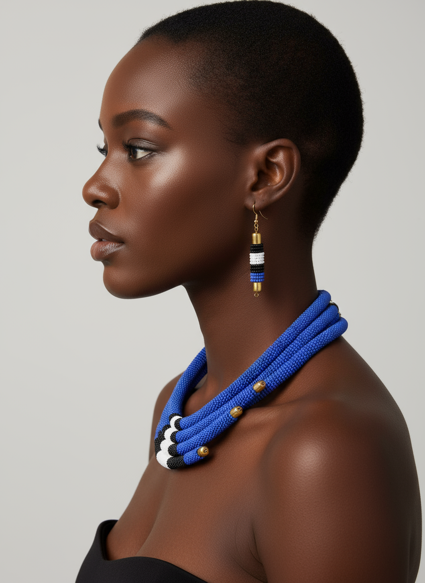 Model wearing necklace set - side angle