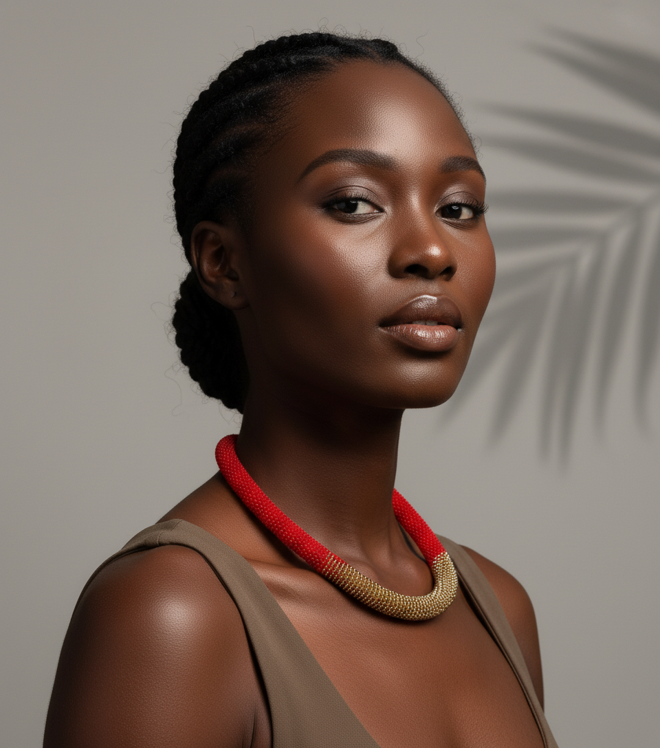 Model wearing Pendo rope beaded necklace