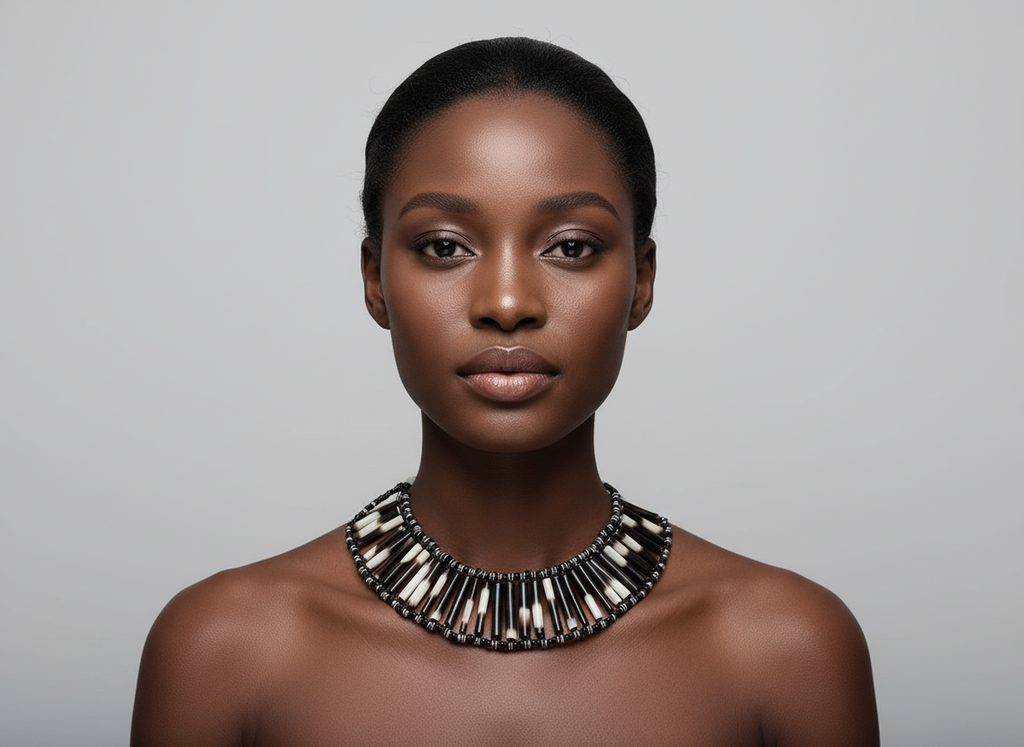 Model wearing Porcupine Quills handmade choker necklace