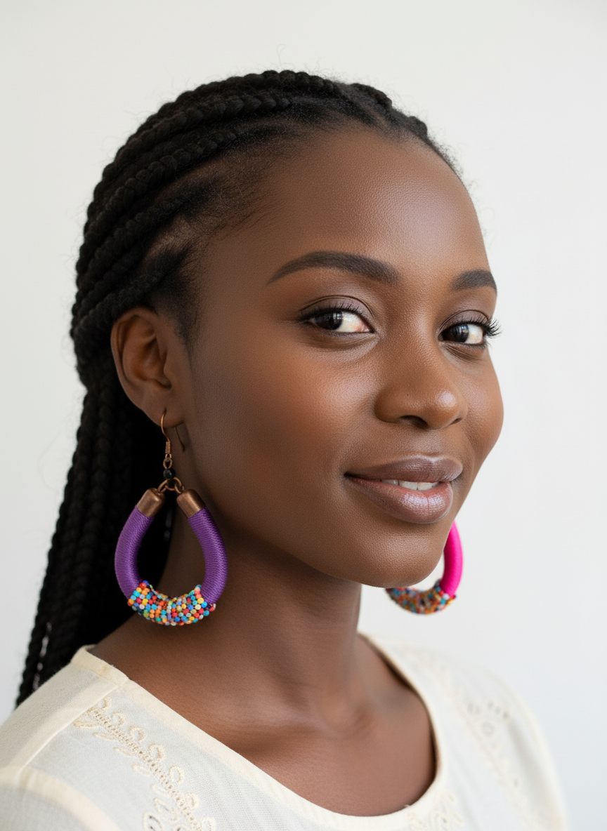 Model wearing purple and pink Penzi earrings