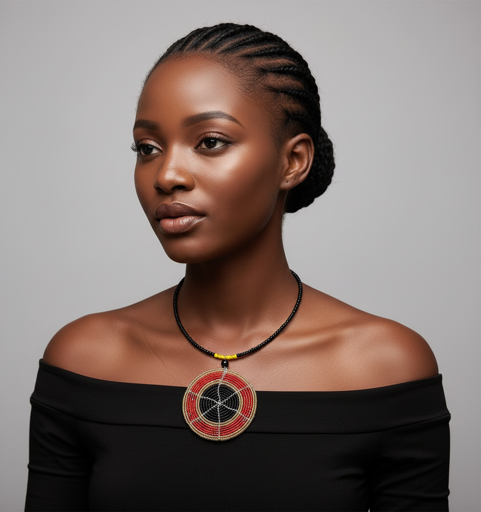 Model wearing Shahiri circle pendant necklace