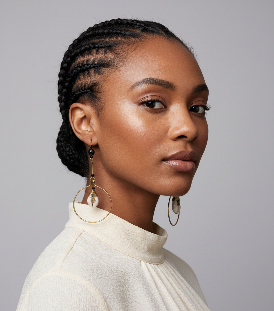Model wearing Shairi cowrie shell earrings