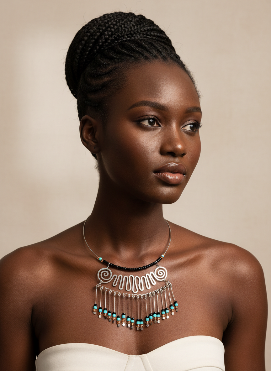 Model wearing statement necklace