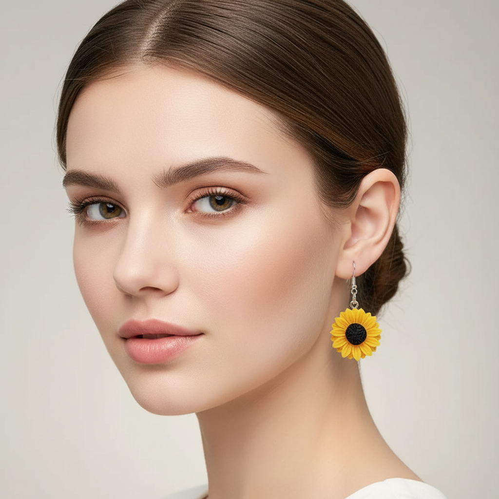 Model wearing sunflower resin drop dangle hook earrings