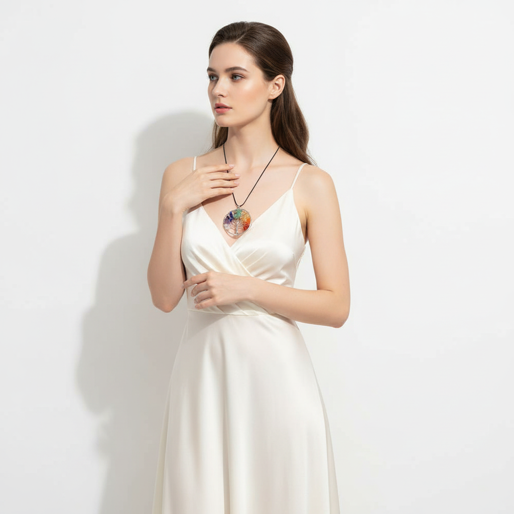 Model wearing Tree of Life Chakra Necklace