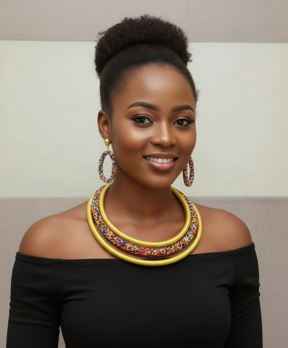 Model wearing triple-layer necklace and earrings