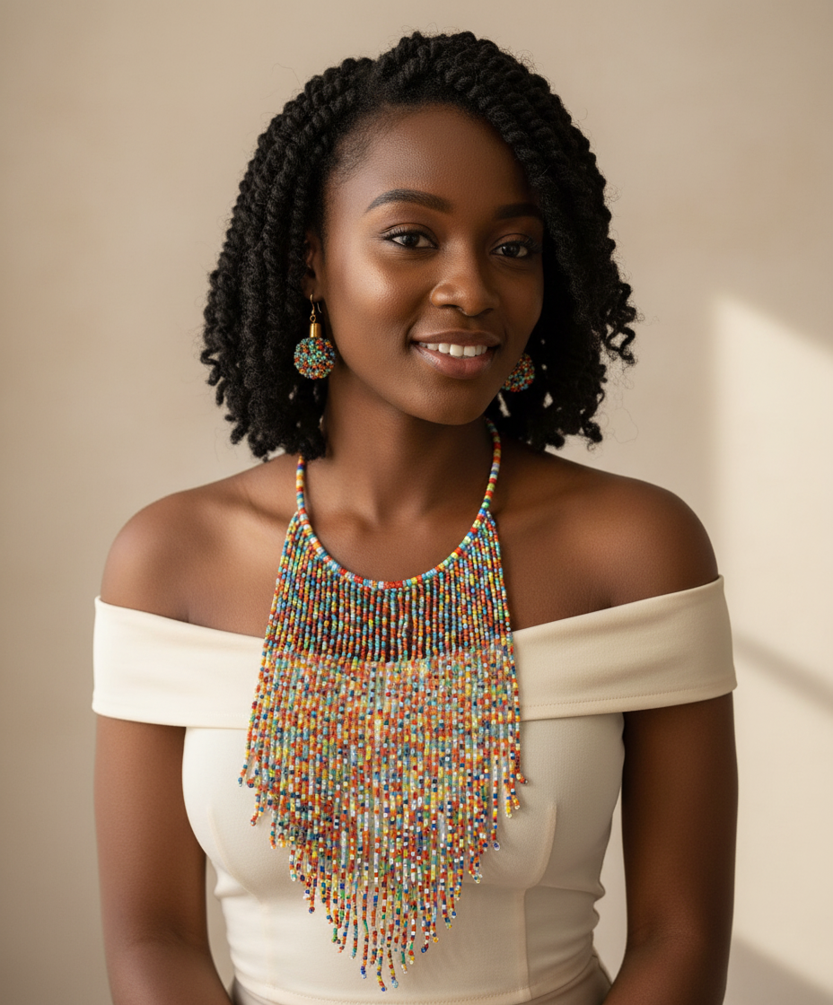 Model wearing waterfall beaded necklace