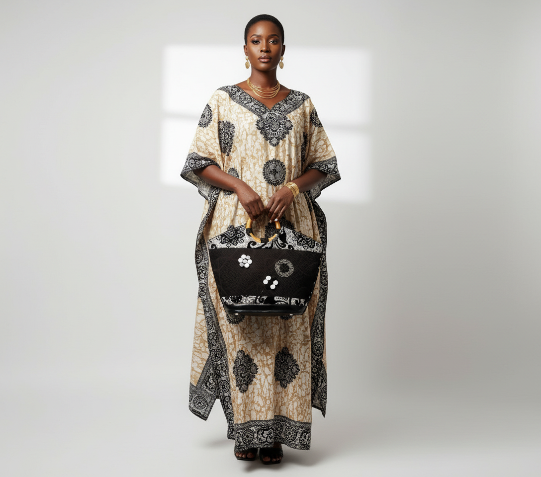 Model with African jute handbag - front view