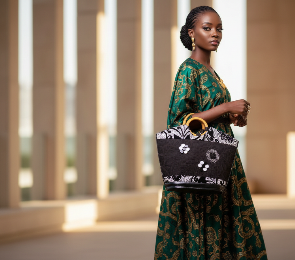 Model with African jute handbag - side view
