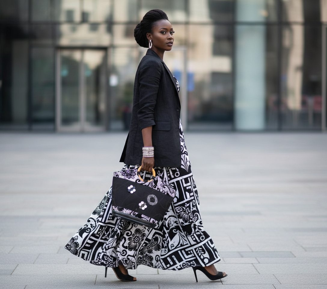 Model with African jute handbag - walking view
