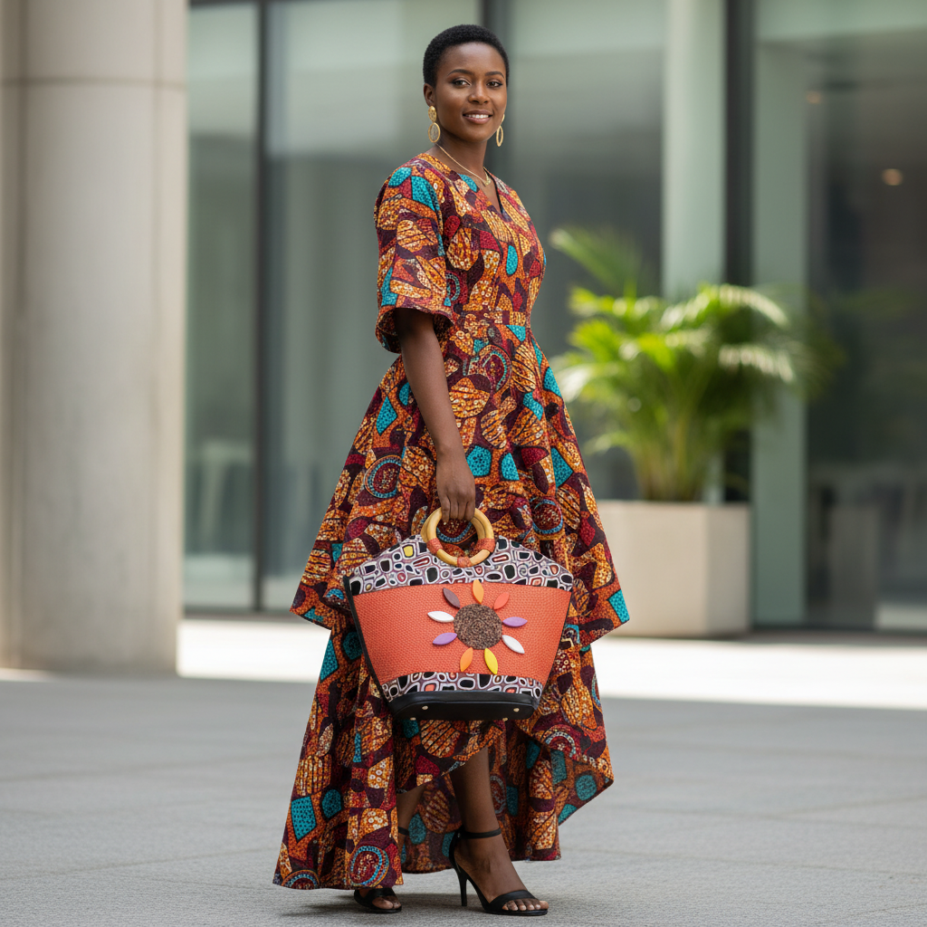 Model with exact Top handle handwoven Maasai Jute Handbag