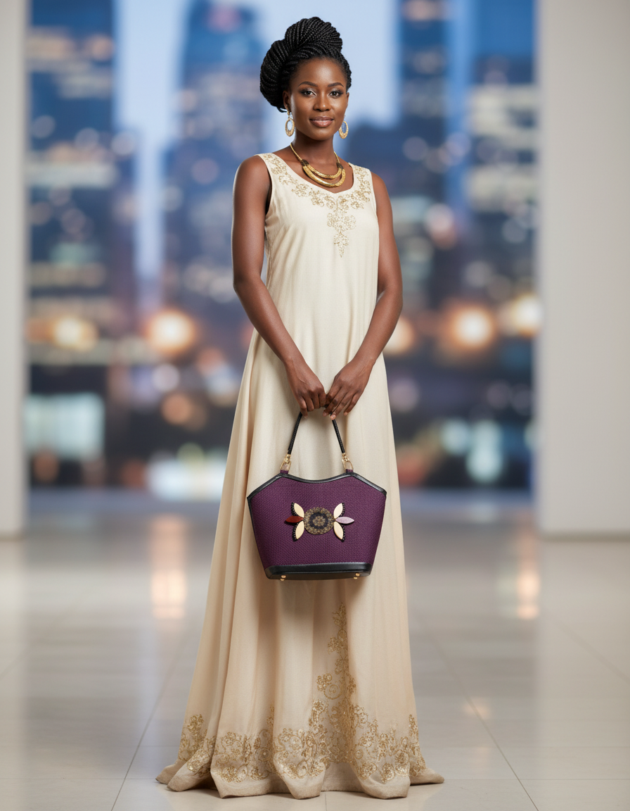 Model with purple beaded handbag - front view