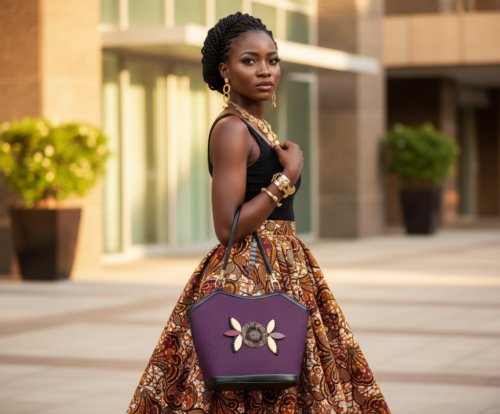 Model with purple beaded handbag - shoulder view
