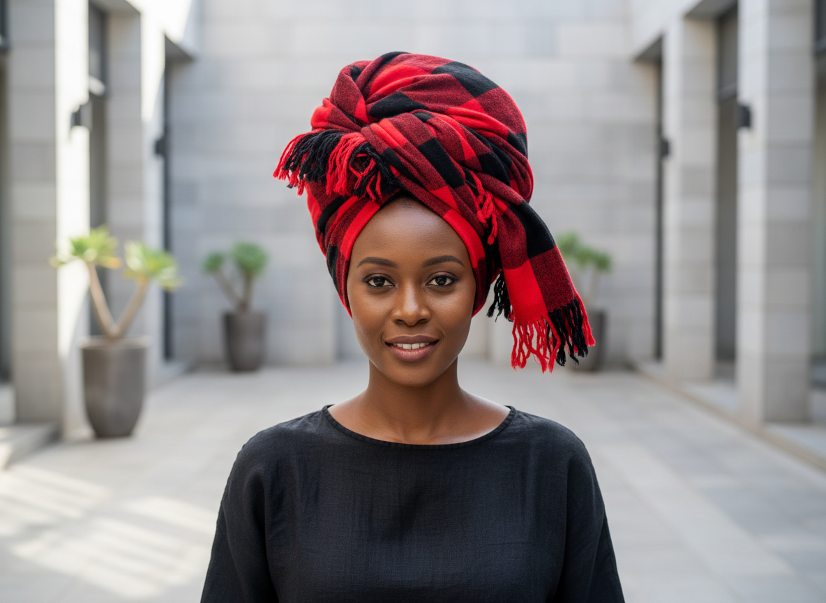 Red Maasai Shuka styled as head wrap