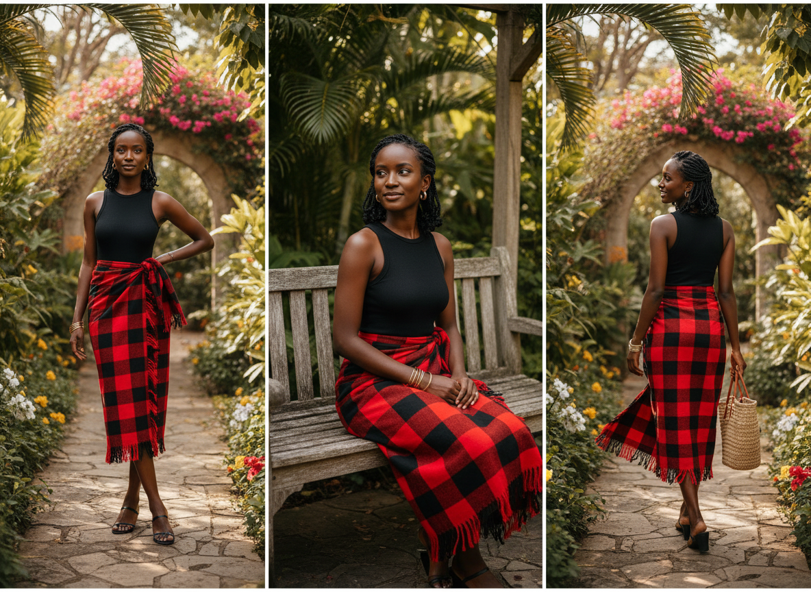 Red Maasai Shuka styled as skirt wrap