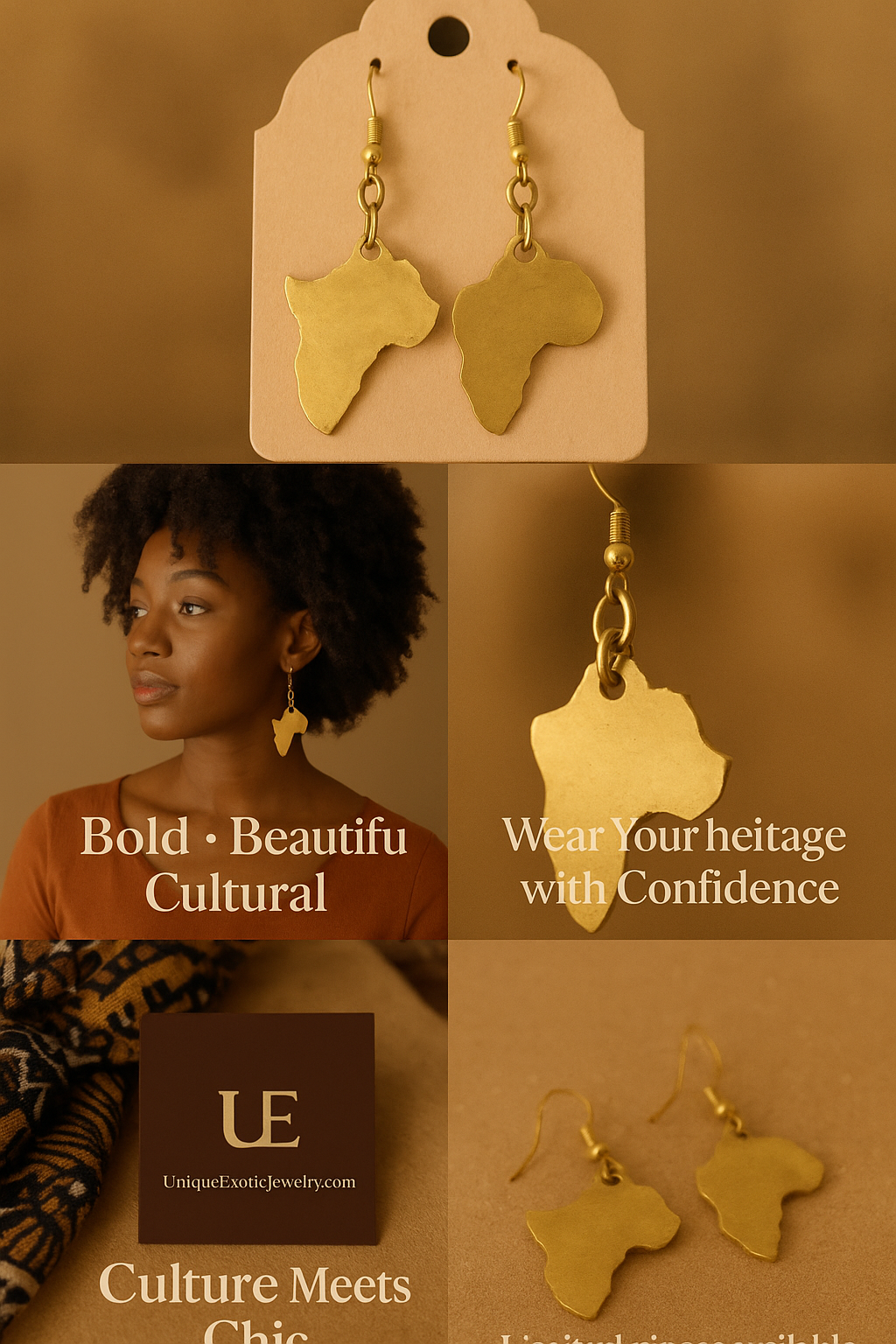 African Map brass Gold Color dangle Earrings