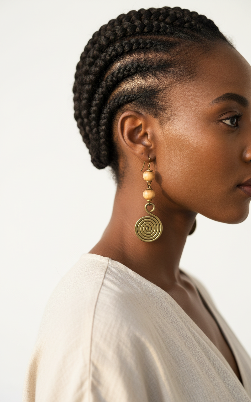 Side profile of model wearing beaded earrings