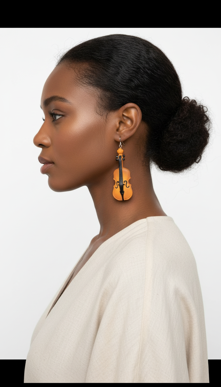 Side profile of model wearing violin earrings