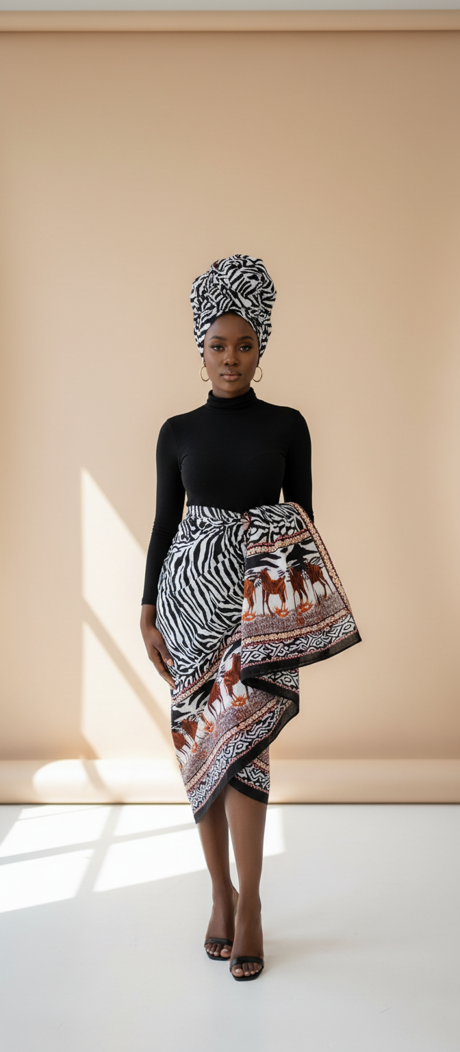 Zebra print kanga leso styled as head wrap