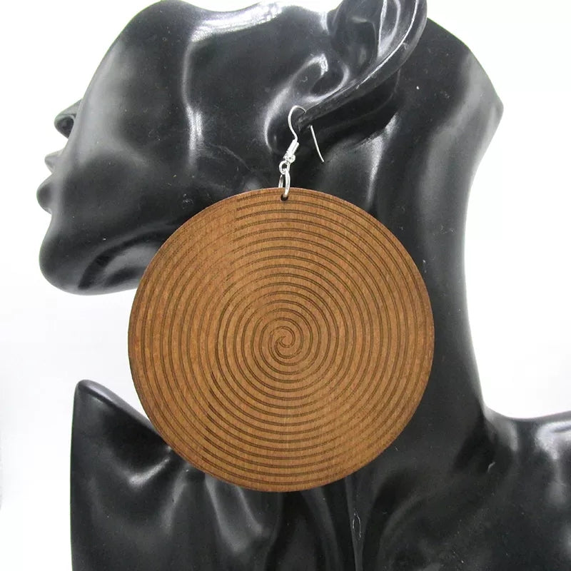 Swirl shape round Wooden  Dangle Drop Earrings