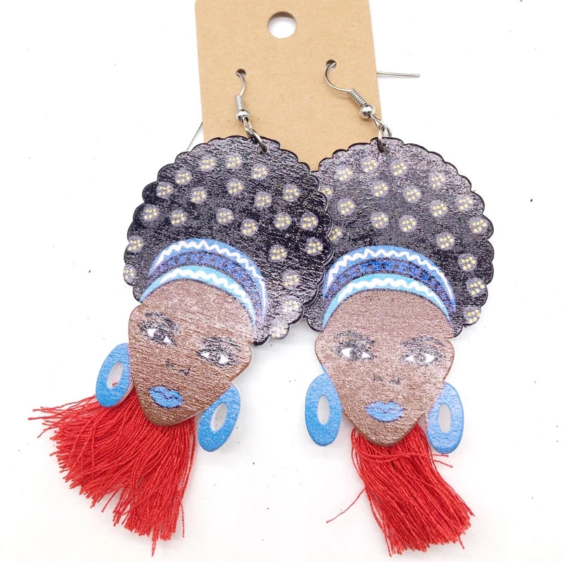 African Lady Drop Earrings Wooden multicolored Drop Dangle Earrings blue Beige