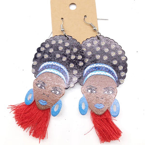African Lady Drop Earrings Wooden multicolored Drop Dangle Earrings blue Beige
