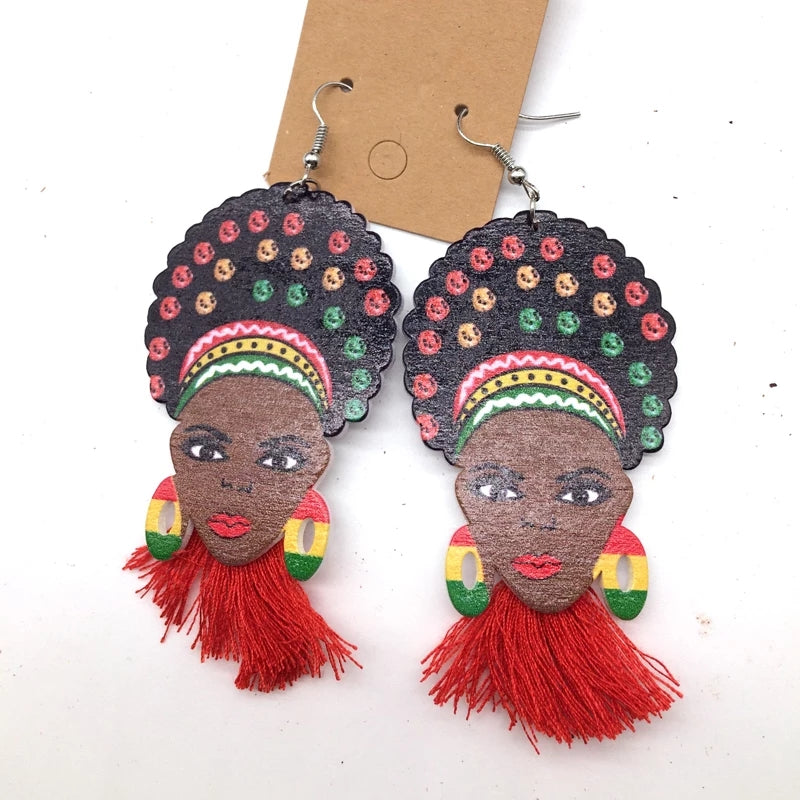 African Lady Drop Earrings Wooden multicolored Drop Dangle Earrings blue Beige