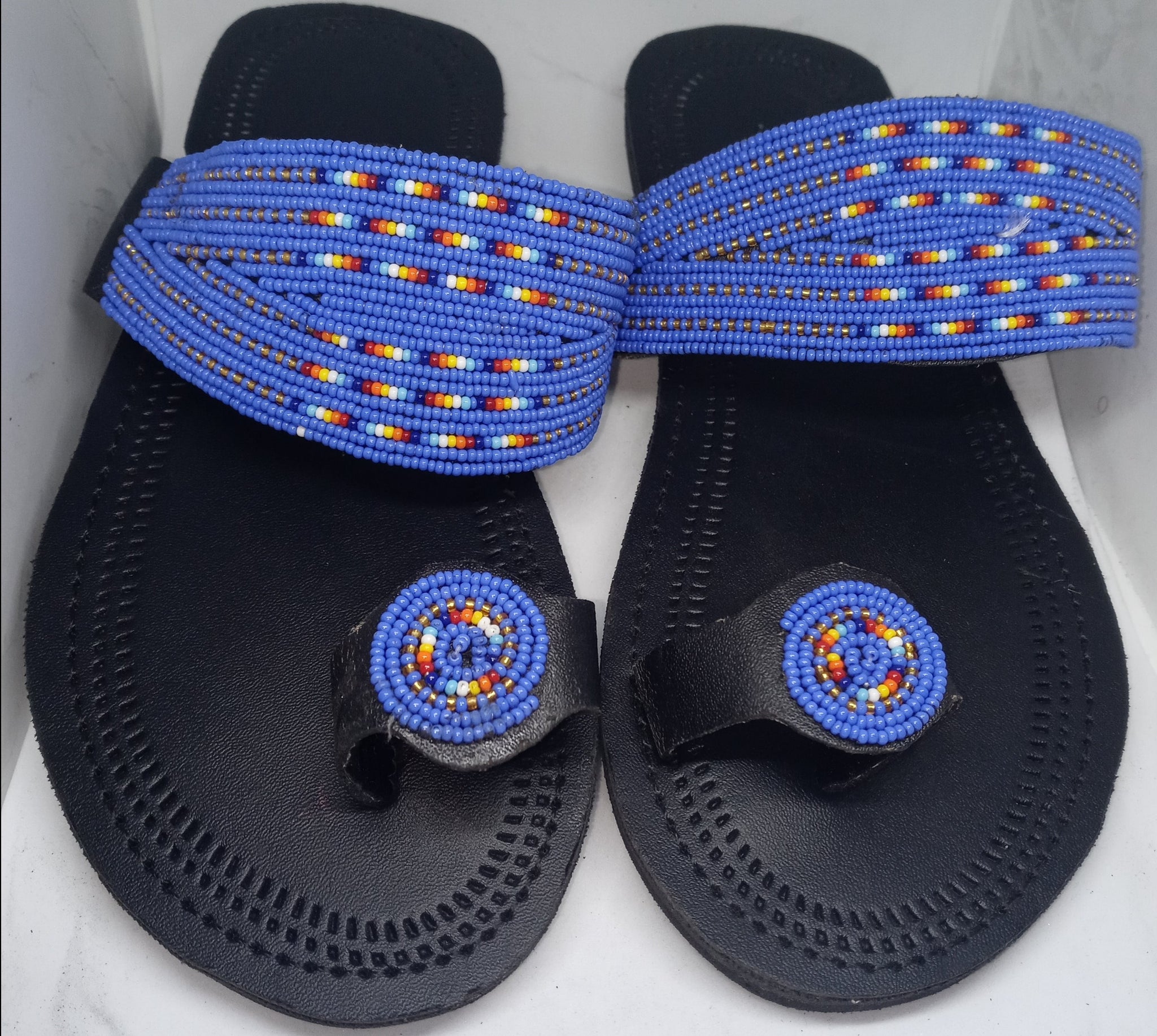One toe leather beaded handmade Masai Sandals Blue