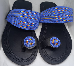 One toe leather beaded handmade Masai Sandals Blue