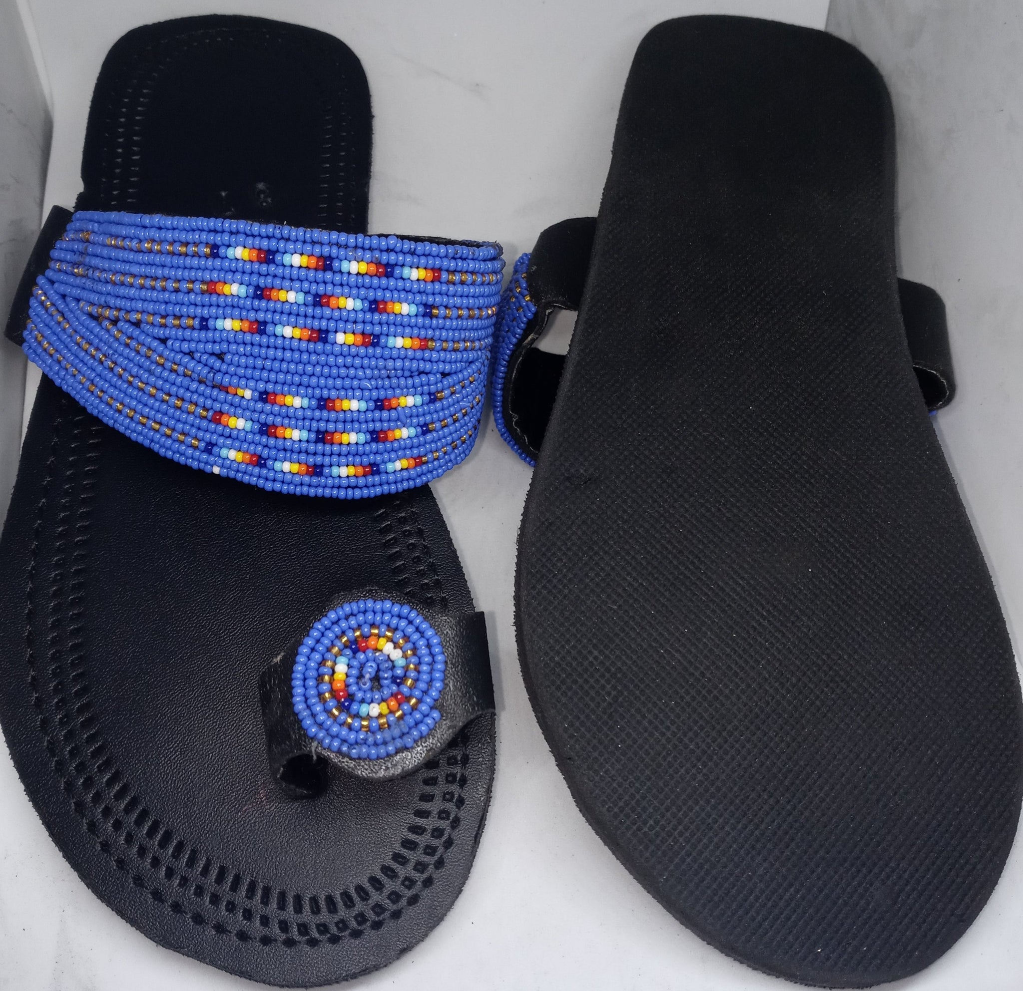 One toe leather beaded handmade Masai Sandals Blue