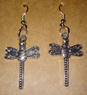 Dragonfly dangle hook silver earrings