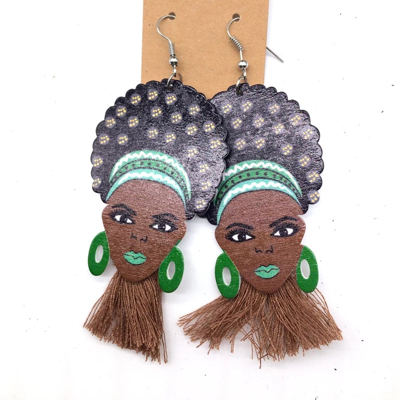 African Lady Drop Earrings Wooden multicolored Drop Dangle Earrings blue Beige