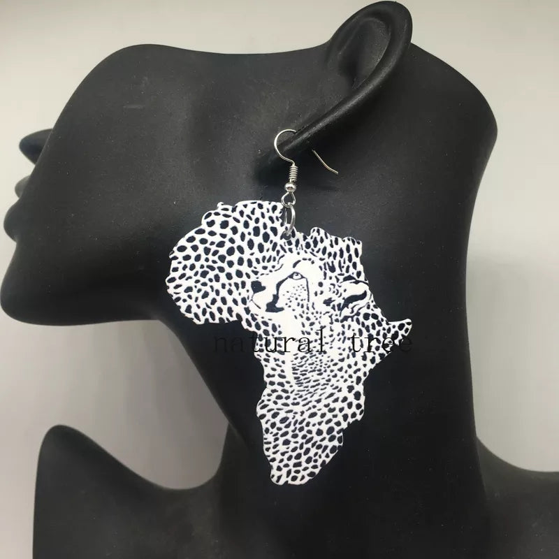 Africa map Leopard printing wooden earrings