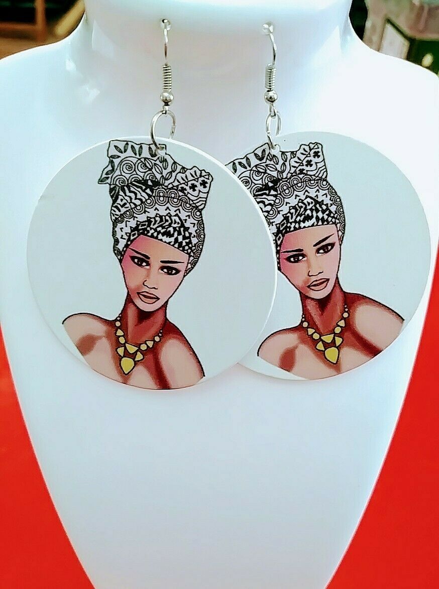 woman headwrap Statement Wood dangle drop Earrings