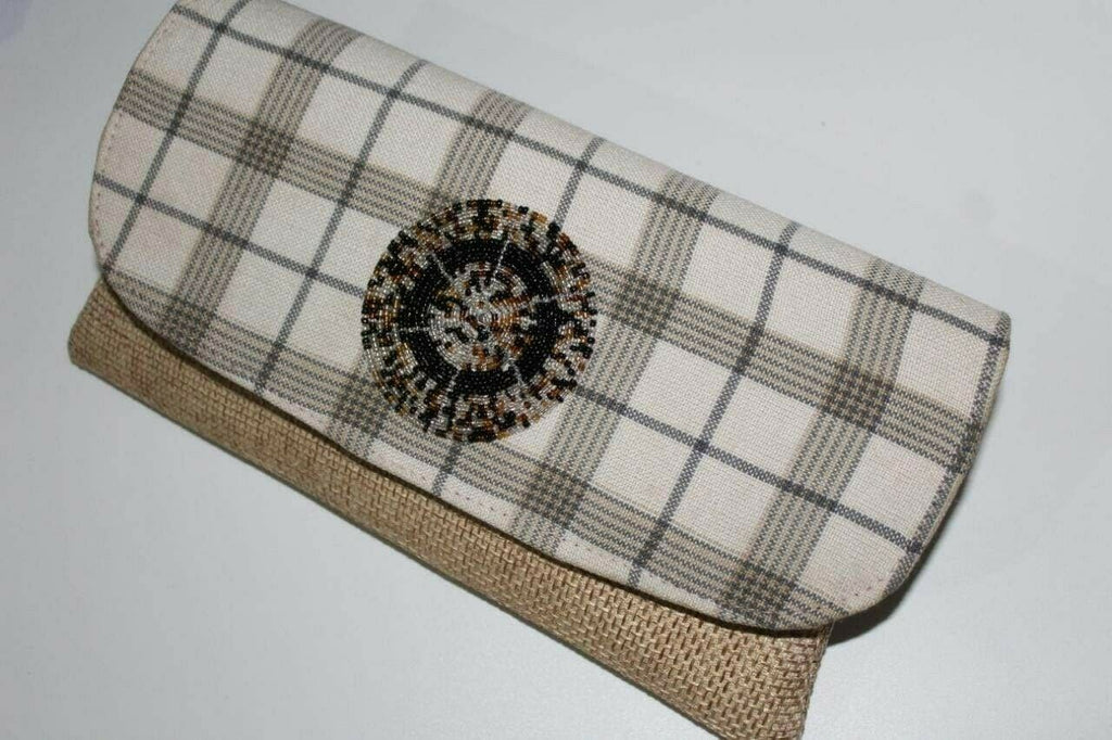 African maasai handmade fabric fold over bead  khaki checkered clutch Handbag