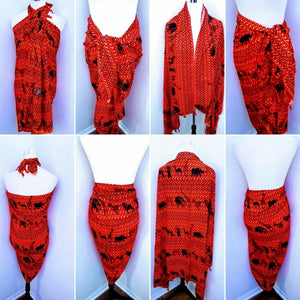 African Beach sarong Kanga Leso Scaff Cotton  Red Animal print multicolored