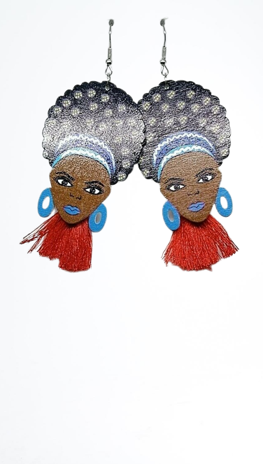 African Lady Drop Earrings Wooden multicolored Drop Dangle Earrings purple