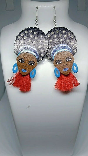 African Lady Drop Earrings Wooden multicolored Drop Dangle Earrings blue red