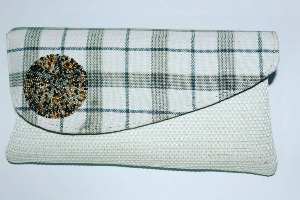 African maasai handmade fabric fold over bead  off white checked clutch Handbag
