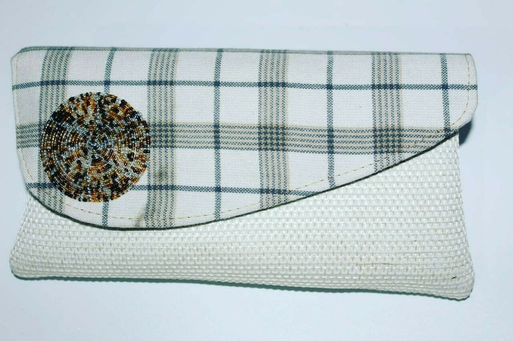 African maasai handmade fabric fold over bead  off white checked clutch Handbag